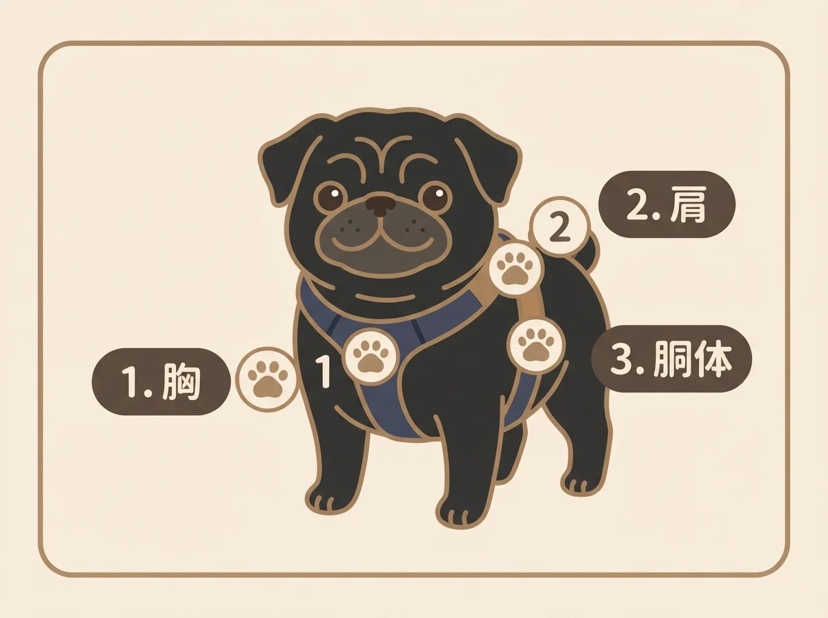 胸・肩・胴体の3点で支えるハーネスの留め位置を示した図解