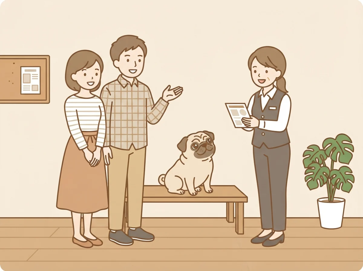 ブリーダーへの問い合わせで丁寧な説明を受けている見学シーンを描いた、パグの子犬のイラスト