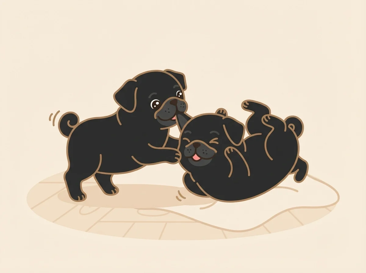 きょうだい犬と一緒に過ごす様子から性格や活発さを見極める場面を描いた、複数の子犬のイラスト