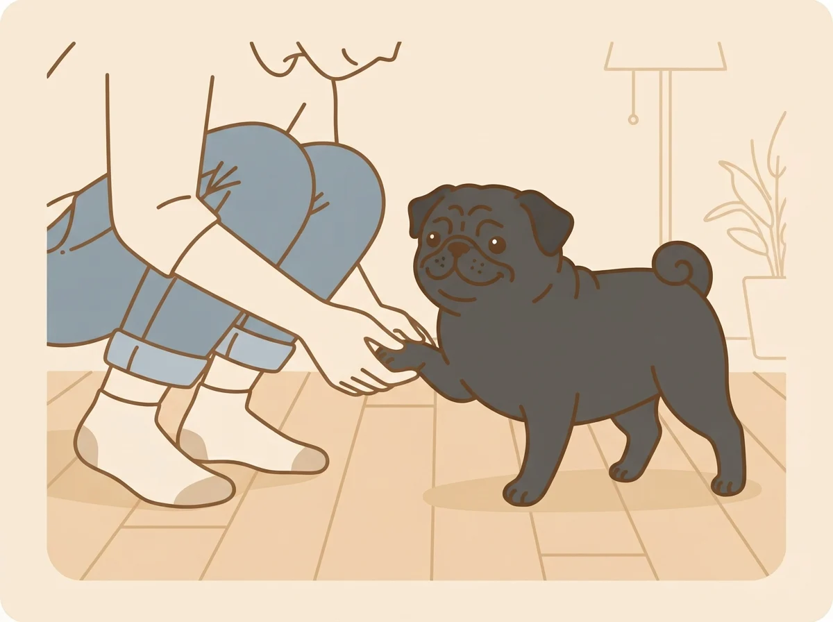 フローリングを歩くパグの爪が当たる音を飼い主が確認している様子のイラスト