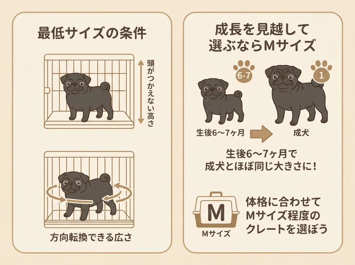 パグが立ち上がっても頭がつかえない最低サイズの条件と、成長を見込んだサイズ選びの考え方を示した図解