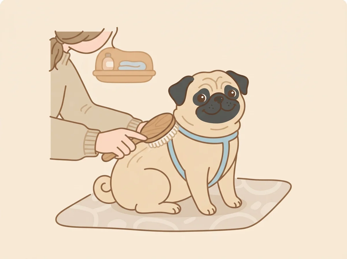 飼い主がパグを毎日優しくブラッシングしている様子を描いたイラスト