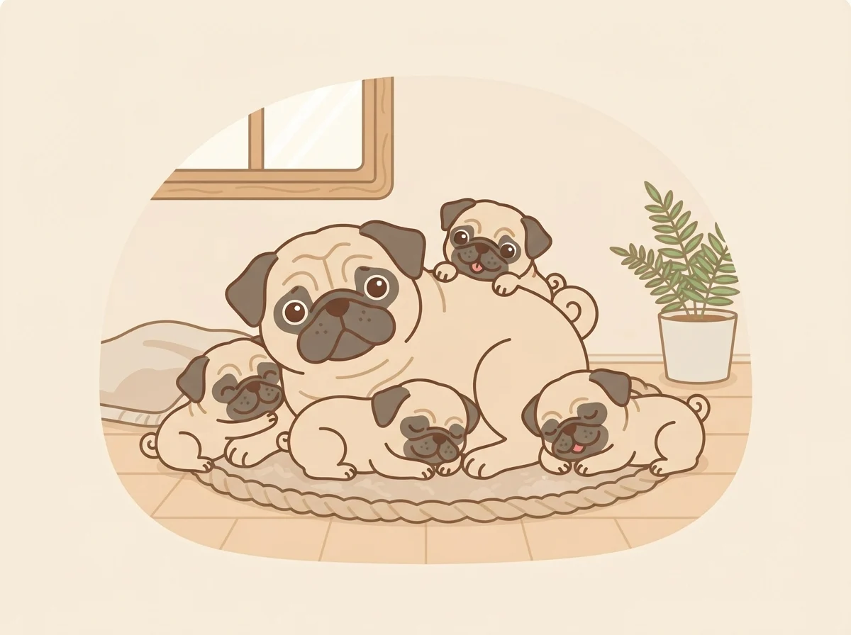 ブリーダー宅で母犬や兄弟犬と一緒に過ごす子犬パグのイラスト