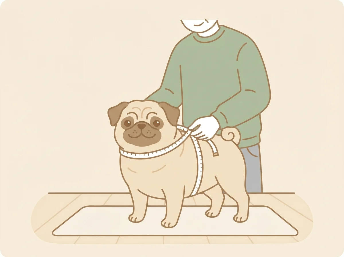 飼い主がメジャーでパグの首まわり・胸囲・着丈を測っている様子のイラスト