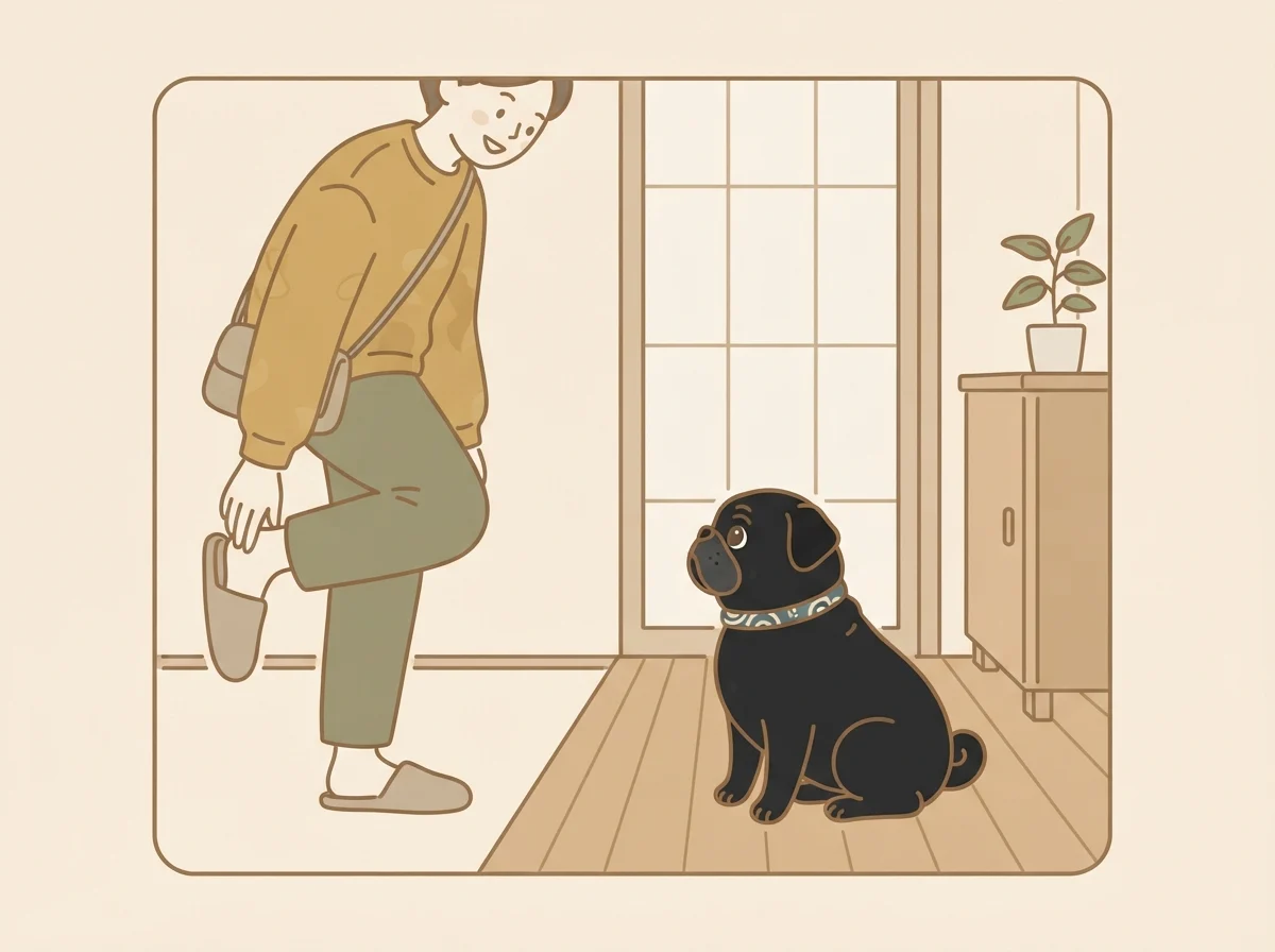 出発時も落ち着いて見送っている、留守番前の接し方をあらわすパグのイラスト