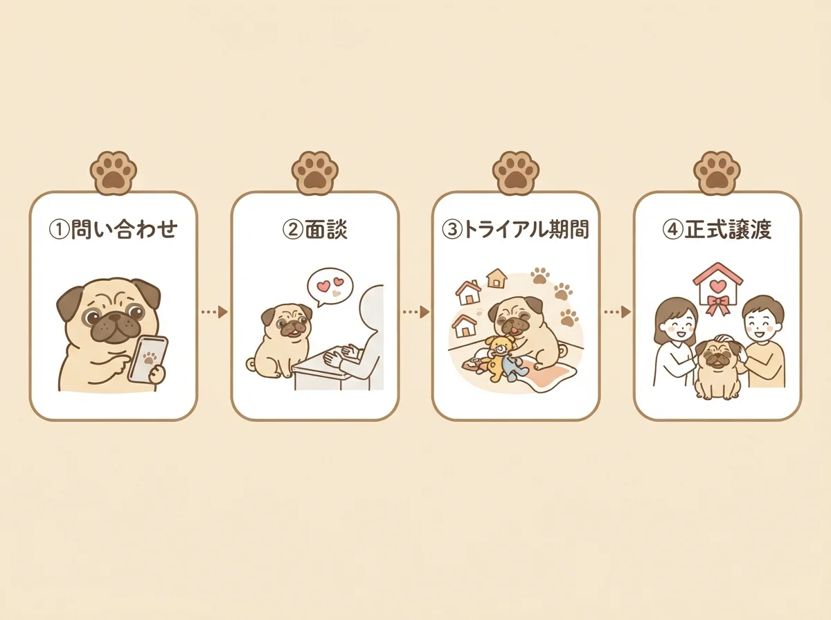 問い合わせから正式譲渡までの里親になるまでの4つの流れを示す図解