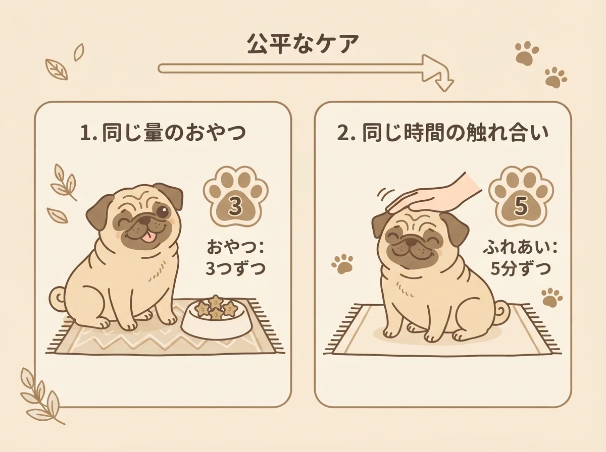 2頭のパグに公平に同じ量のおやつを与える様子を示した図解