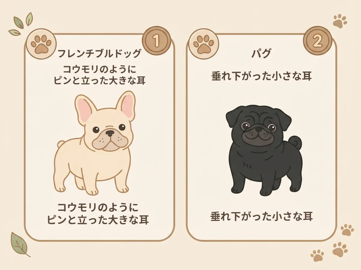 フレンチブルドッグとパグの耳の形の違いを並べて示した図解