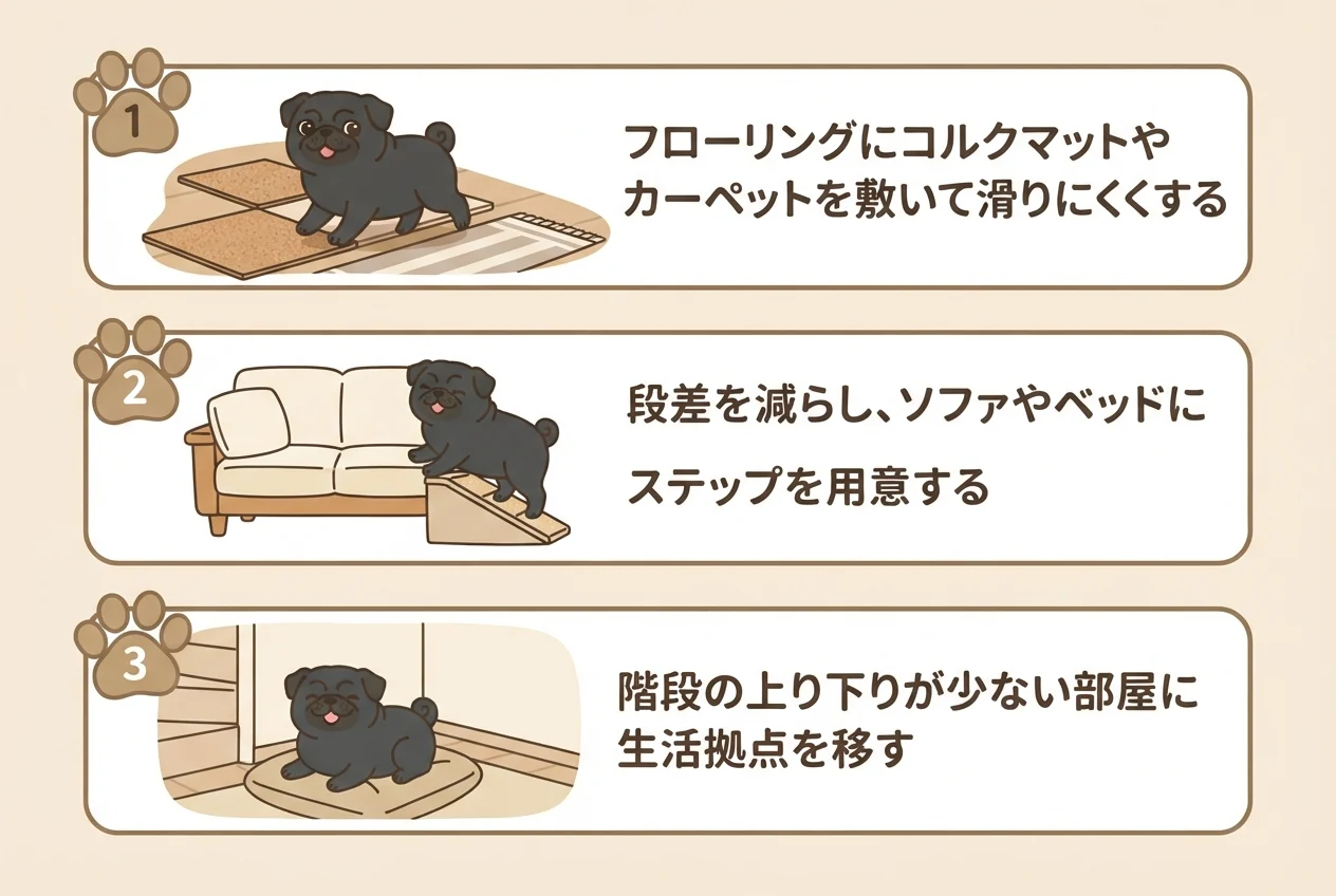 シニア期のパグの足腰に配慮した、床・生活動線の3つの工夫を示した図解