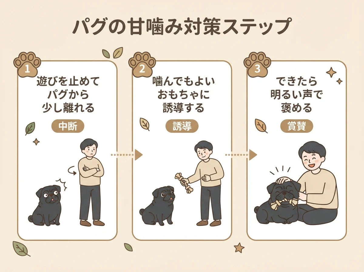 子犬期の甘噛みを直す3ステップ(遊びを止める→おもちゃに誘導→褒める)を示した図解