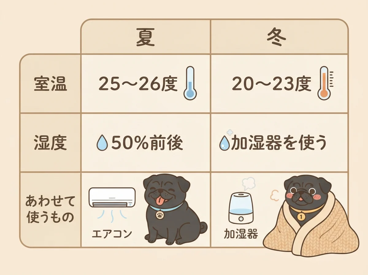 パグが快適に過ごせる夏と冬の室温と湿度の目安をまとめた対比表です。