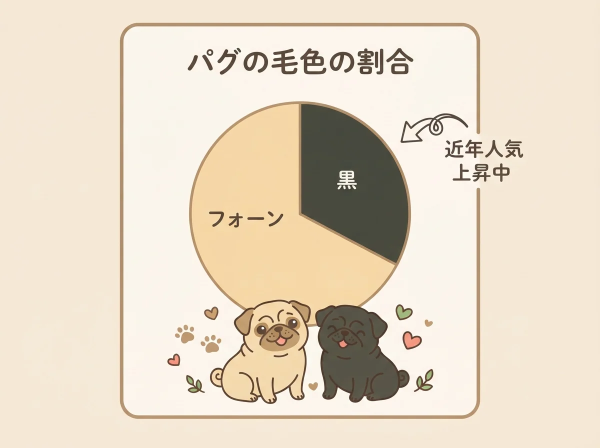 パグの毛色のうちフォーンが多数派で黒パグが2番目に多いことを示す図です。