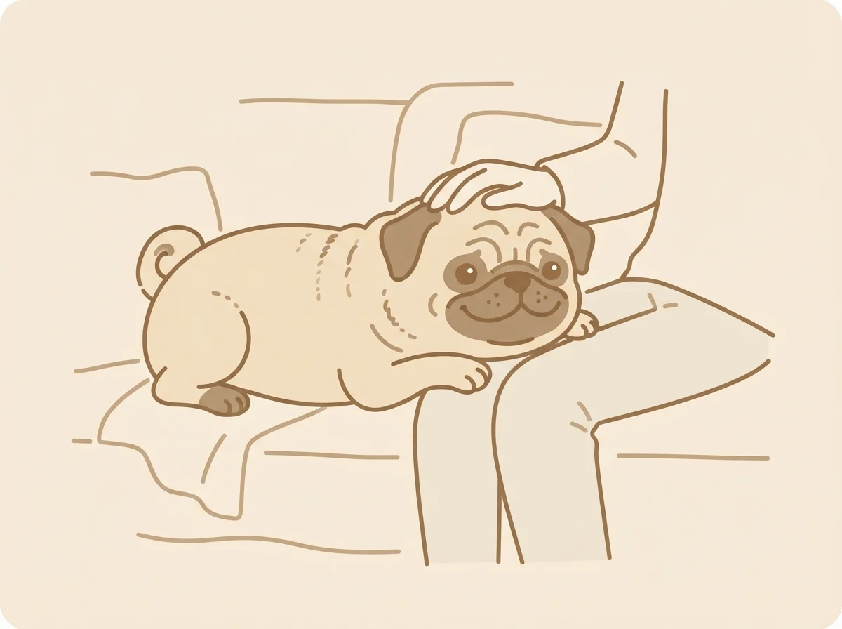 シーズーとパグのミックス犬らしい犬が飼い主のひざにあごを乗せて穏やかにくつろいでいる様子です。