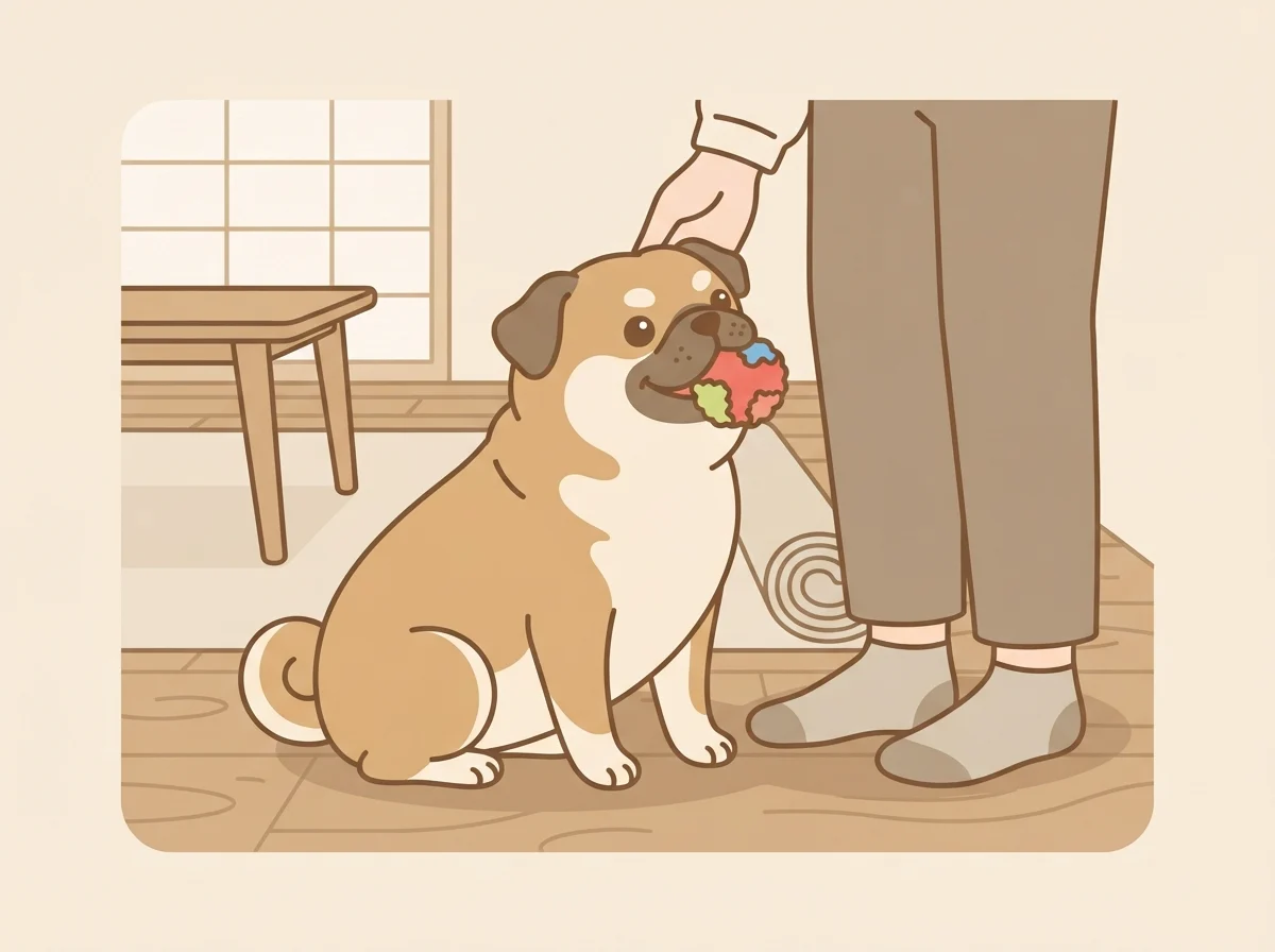 柴犬の面影があるミックス犬が飼い主のそばでおもちゃをくわえて遊びに誘っている様子です。