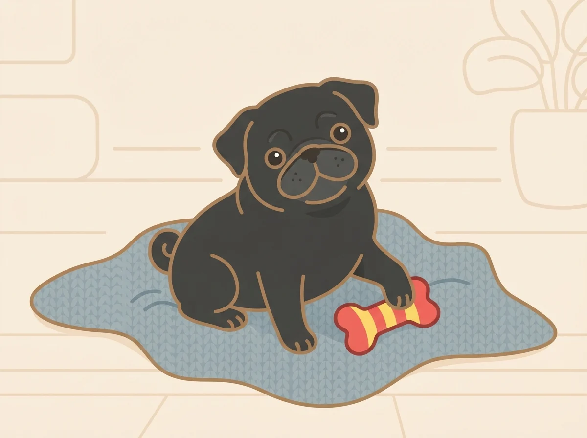 お迎えを待つ小さなパグの子犬が毛布の上からこちらを見上げている様子です。