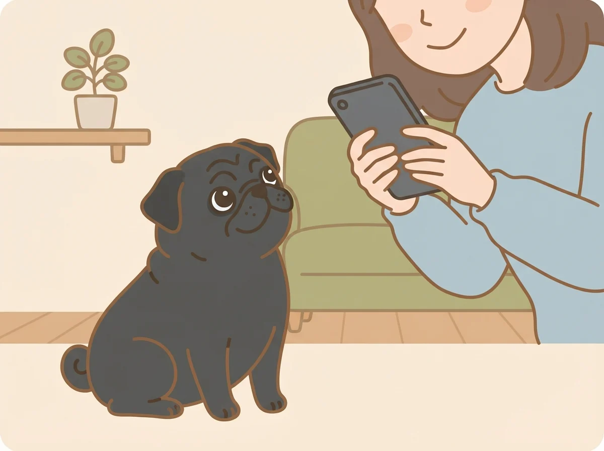 首をかしげて見上げるパグに、飼い主が笑顔でカメラを向けている表情豊かなひとコマです。