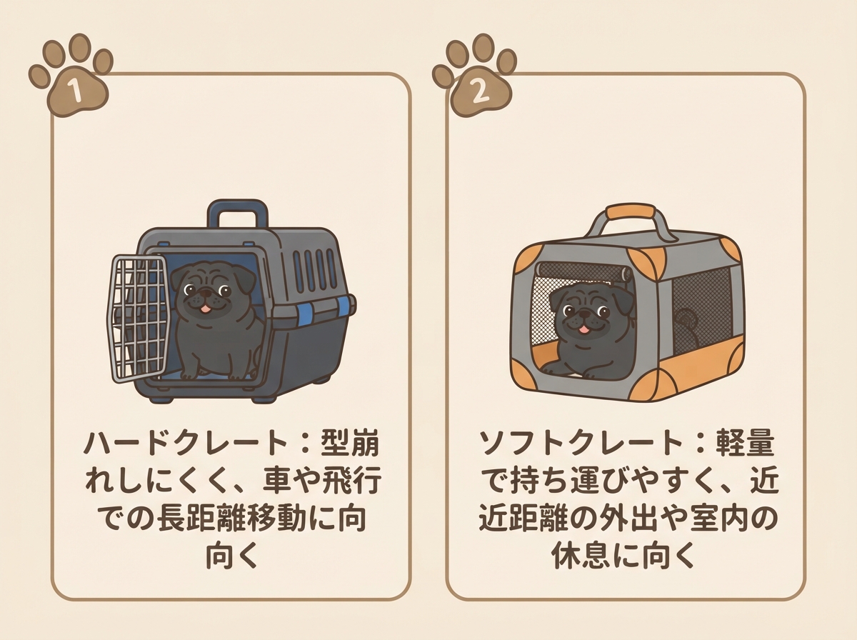 ハードクレートとソフトクレートの特徴と向いている用途を比較した図