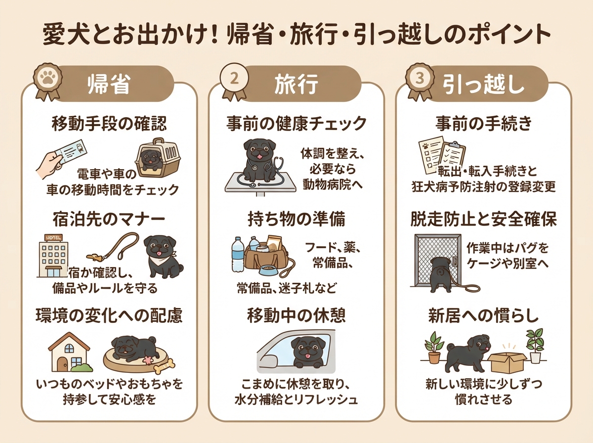 シーン別(帰省・旅行・引っ越し)の移動の考え方を示した図