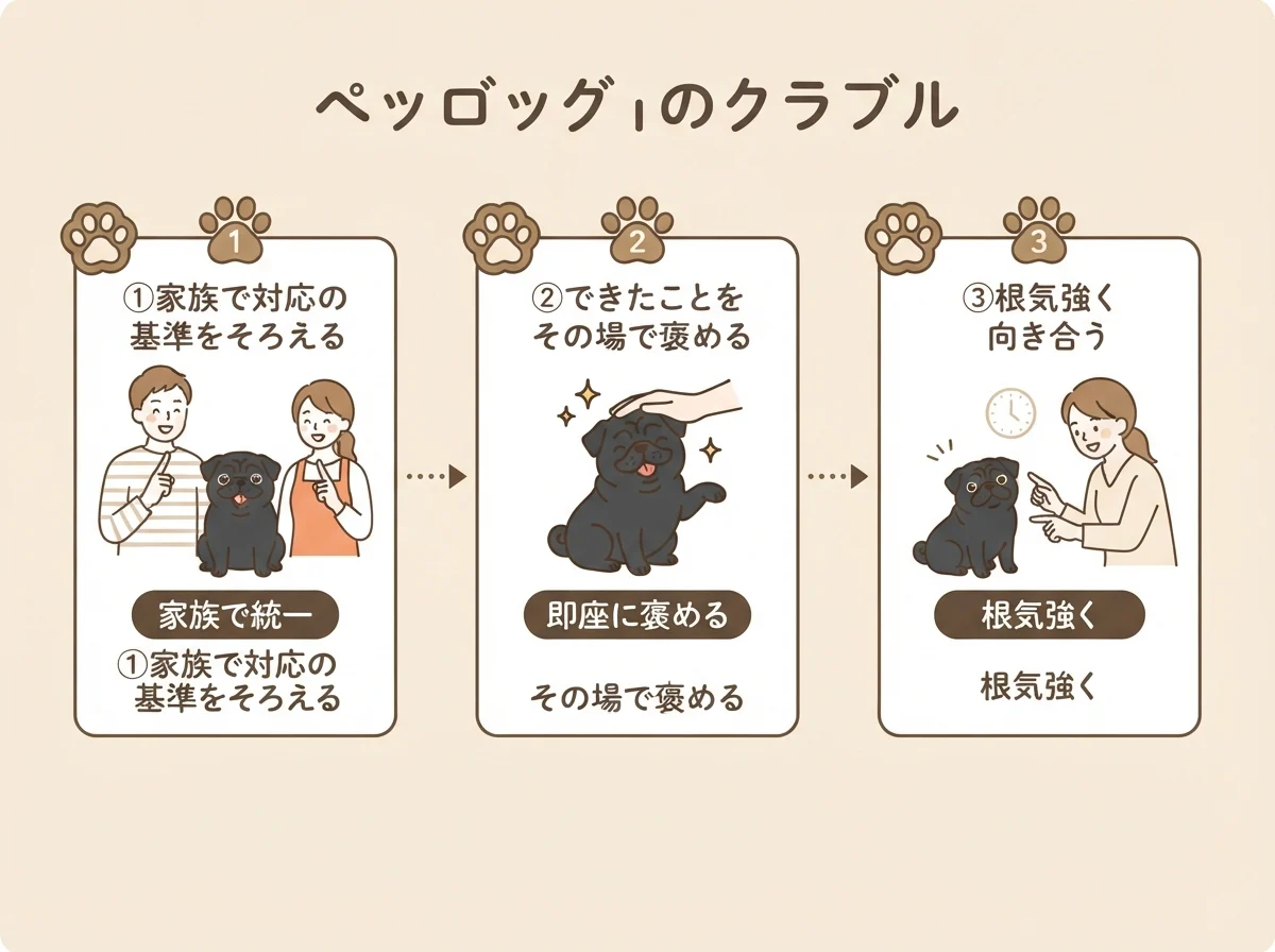 誤解を防ぐためにできる3つの関わり方(基準統一→褒める→根気強く向き合う)を示した図解