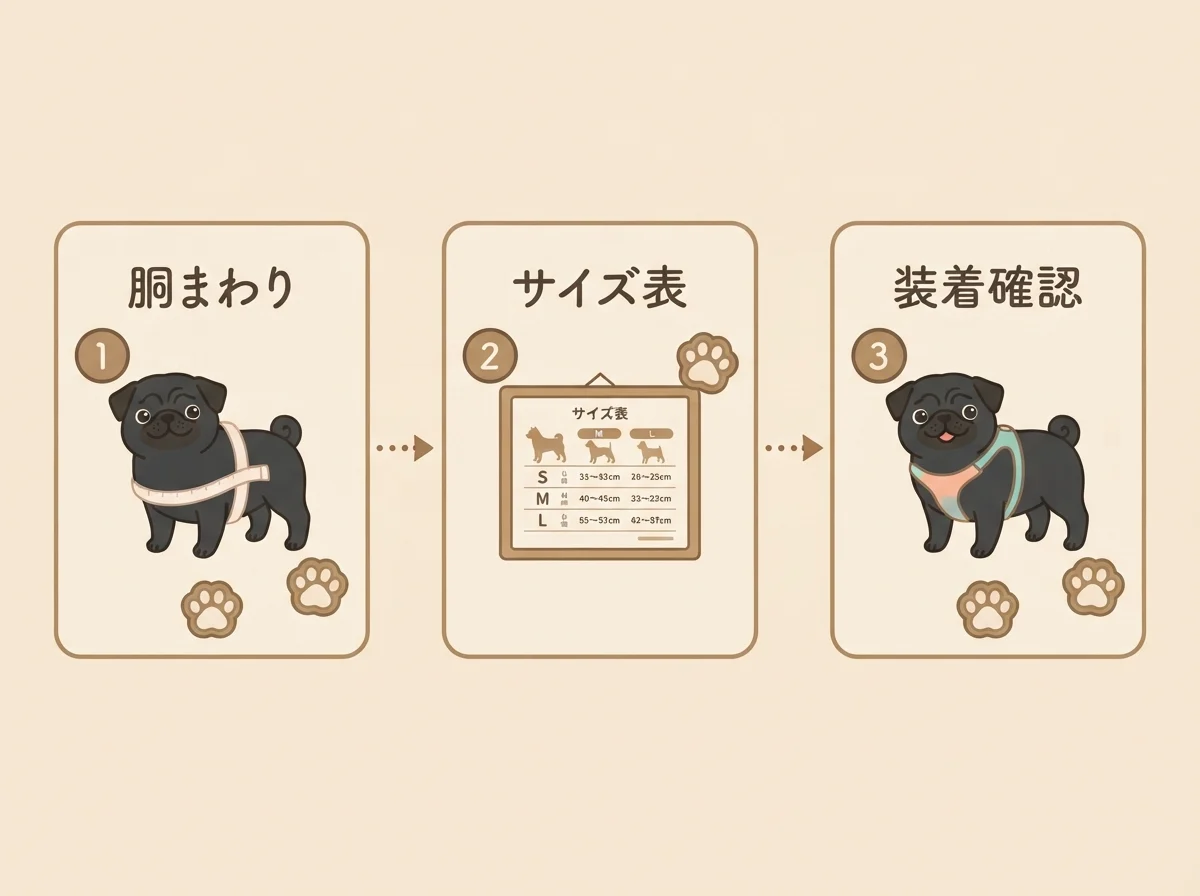 ハーネスのサイズ選びの3つの手順(胴まわりを測る・サイズ表と照らし合わせる・フィットチェック)を示した図解