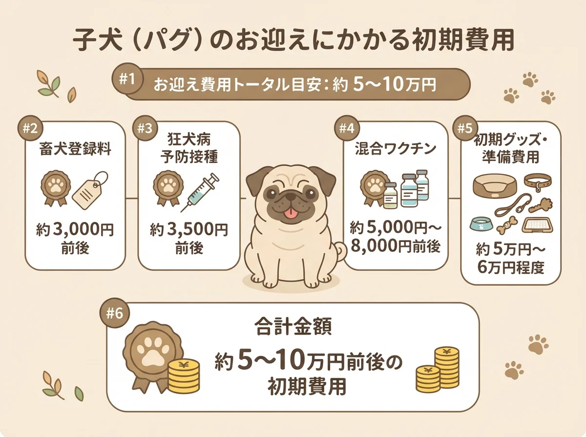 パグの子犬代金以外にかかる初期費用の内訳(登録・ワクチン・グッズ代の合計5万〜10万円前後)を示した図解