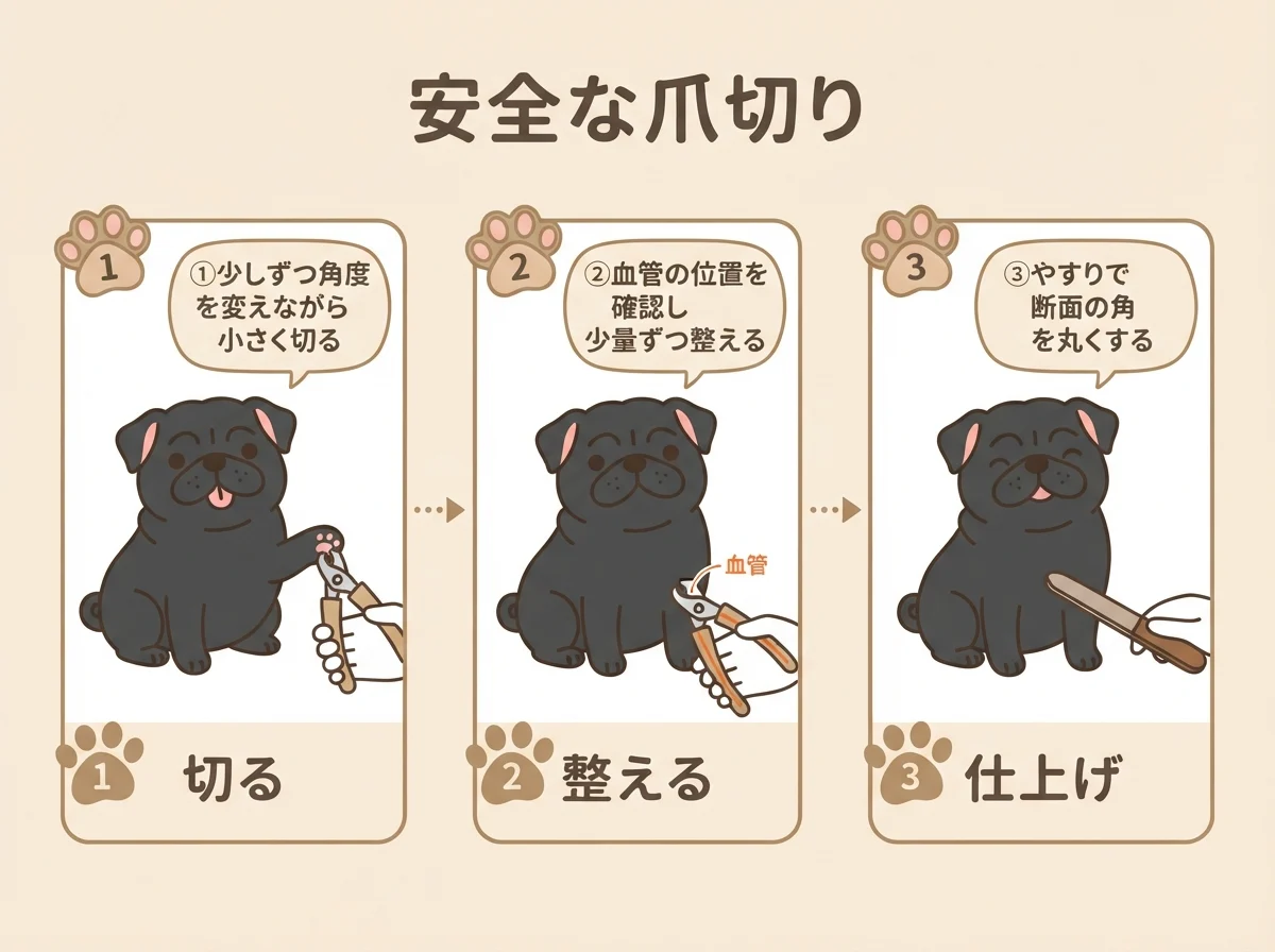 パグの爪切りの正しい手順(角度を変えて少量ずつ切る→やすりで整える)を示す3ステップ図解
