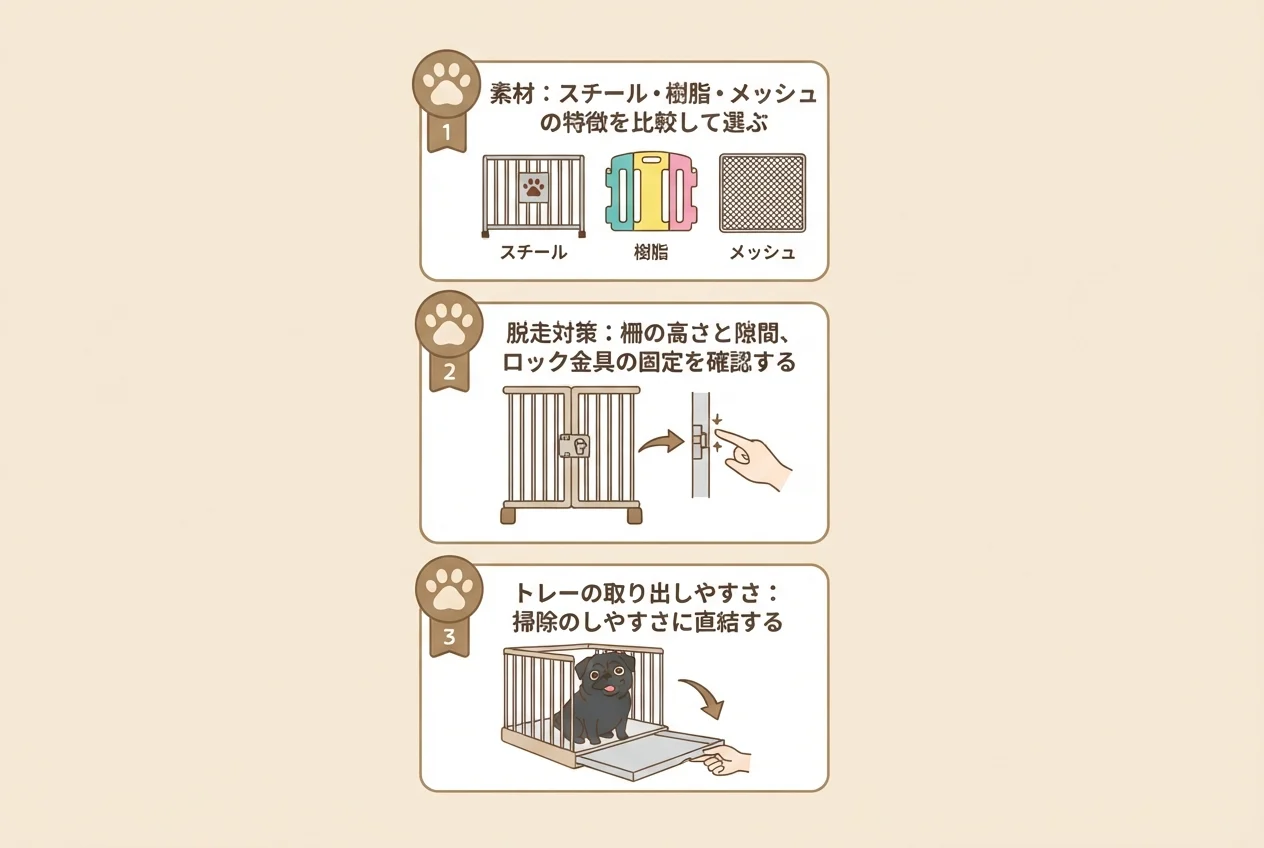 ケージ・サークル選びで確認したい3つのポイント(素材・脱走対策・トレーの取り出しやすさ)を示した図解
