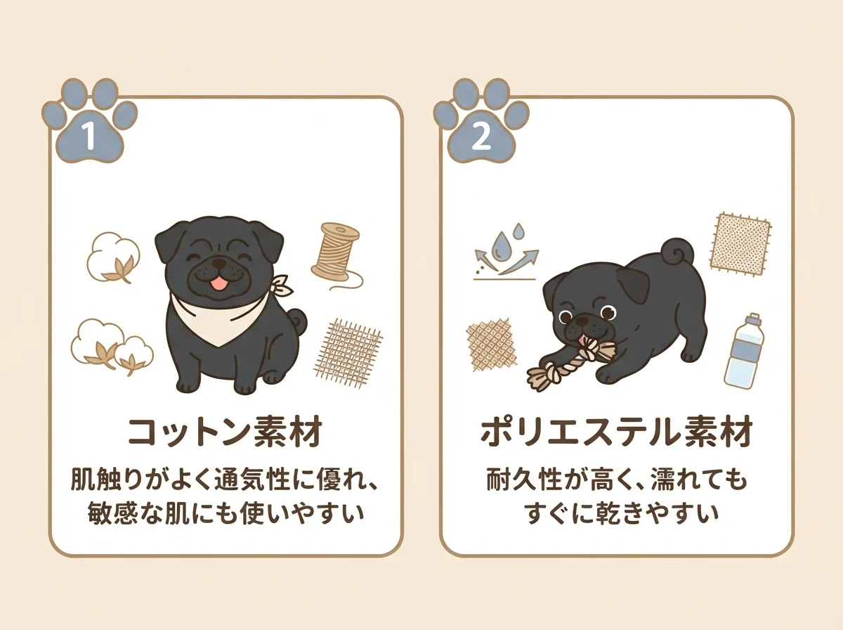 コットン素材とポリエステル素材の特徴を並べて比較した図解