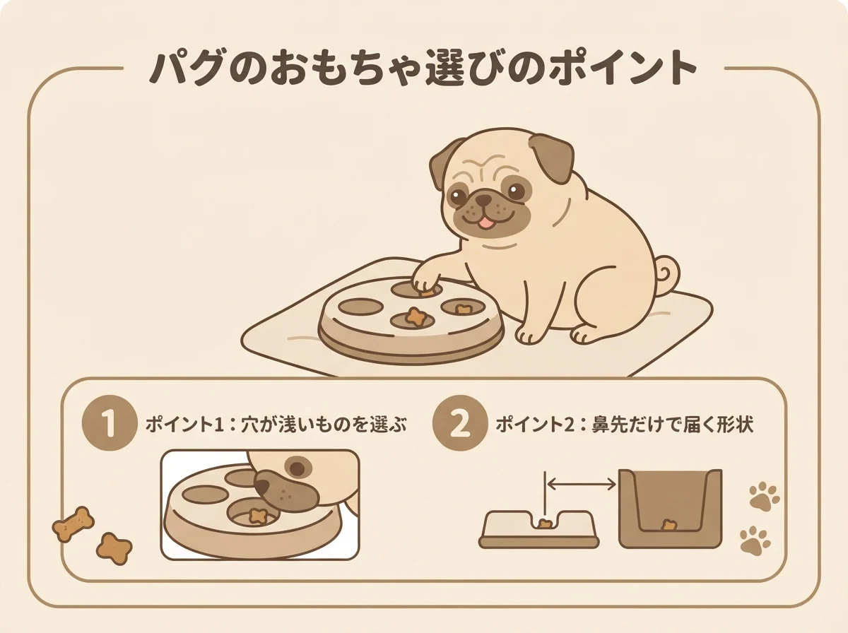 パグの鼻の形状に合わせたおもちゃの穴の深さの選び方を示す図解