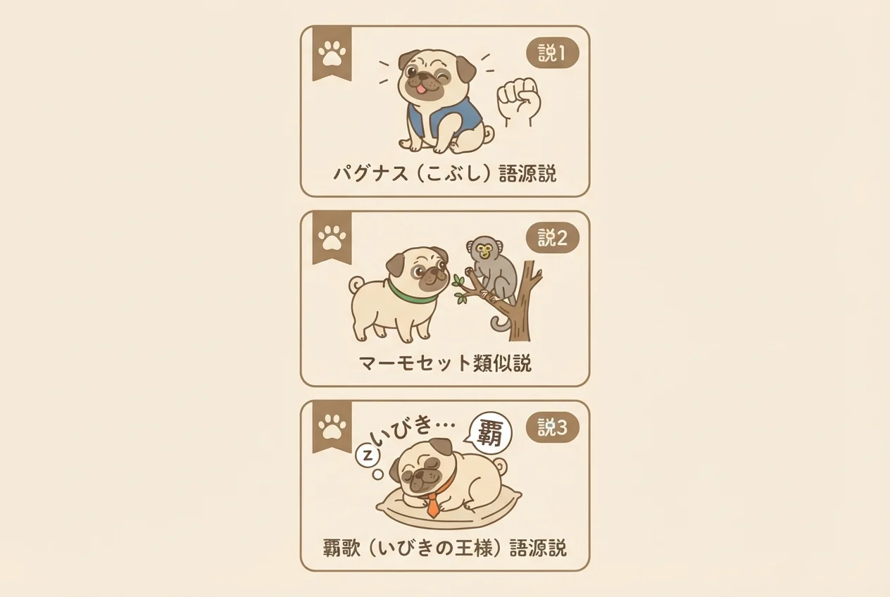パグの名前の由来に関する3つの説を示した図解