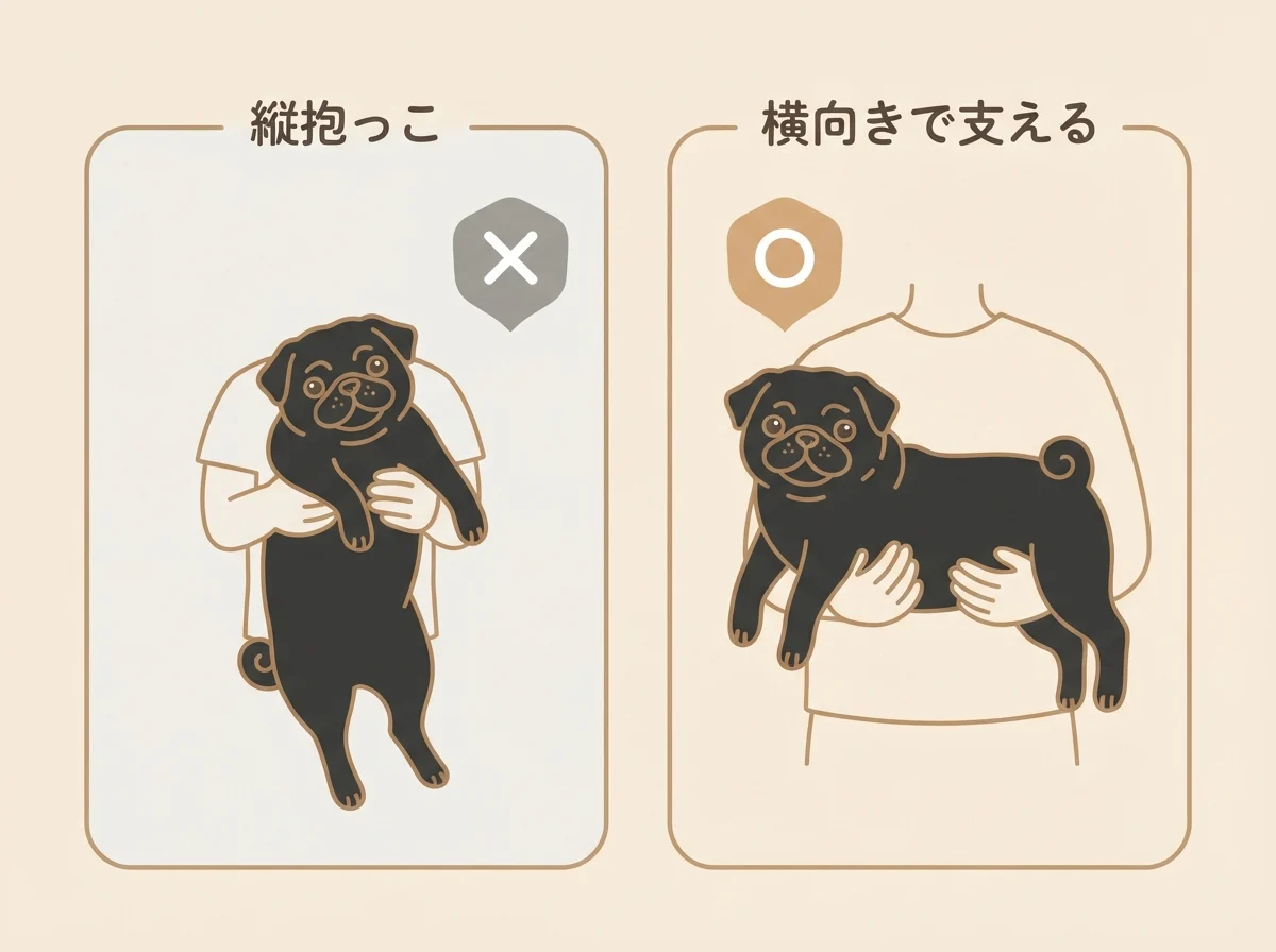 避けたい縦抱っこと、正しい横向きの抱っこを比較した図解