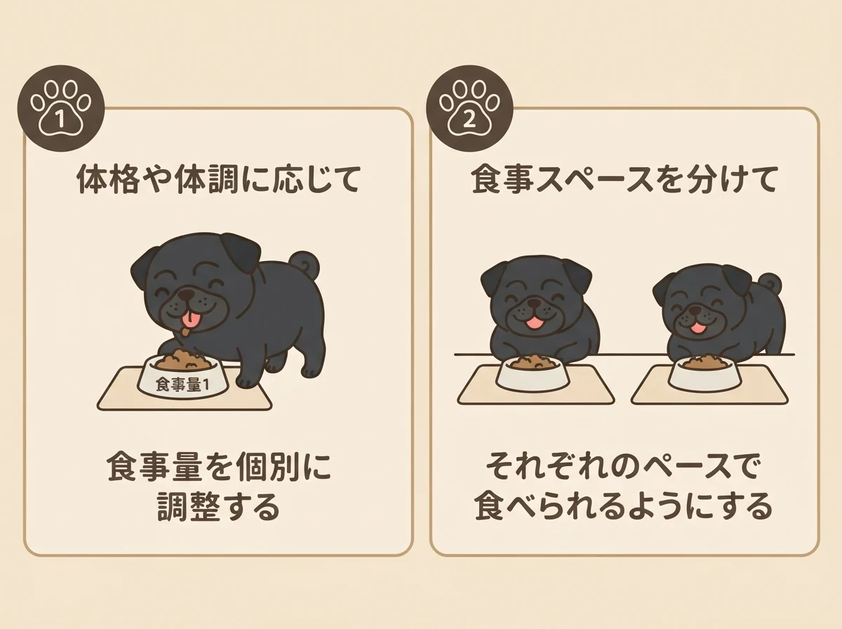 多頭飼いでの個別の食事量調整と食事スペースの分け方を示した図解