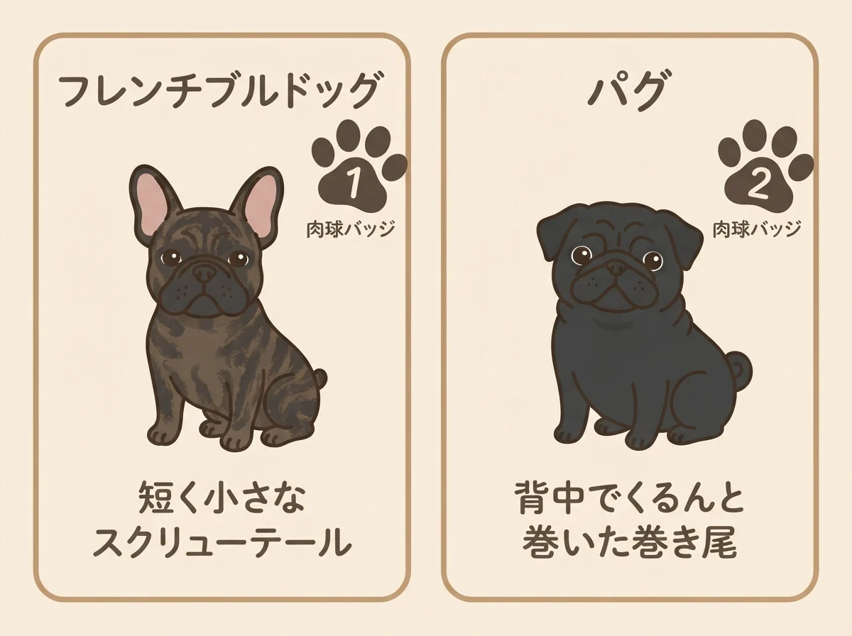 フレンチブルドッグとパグの尻尾の形の違いを並べて示した図解