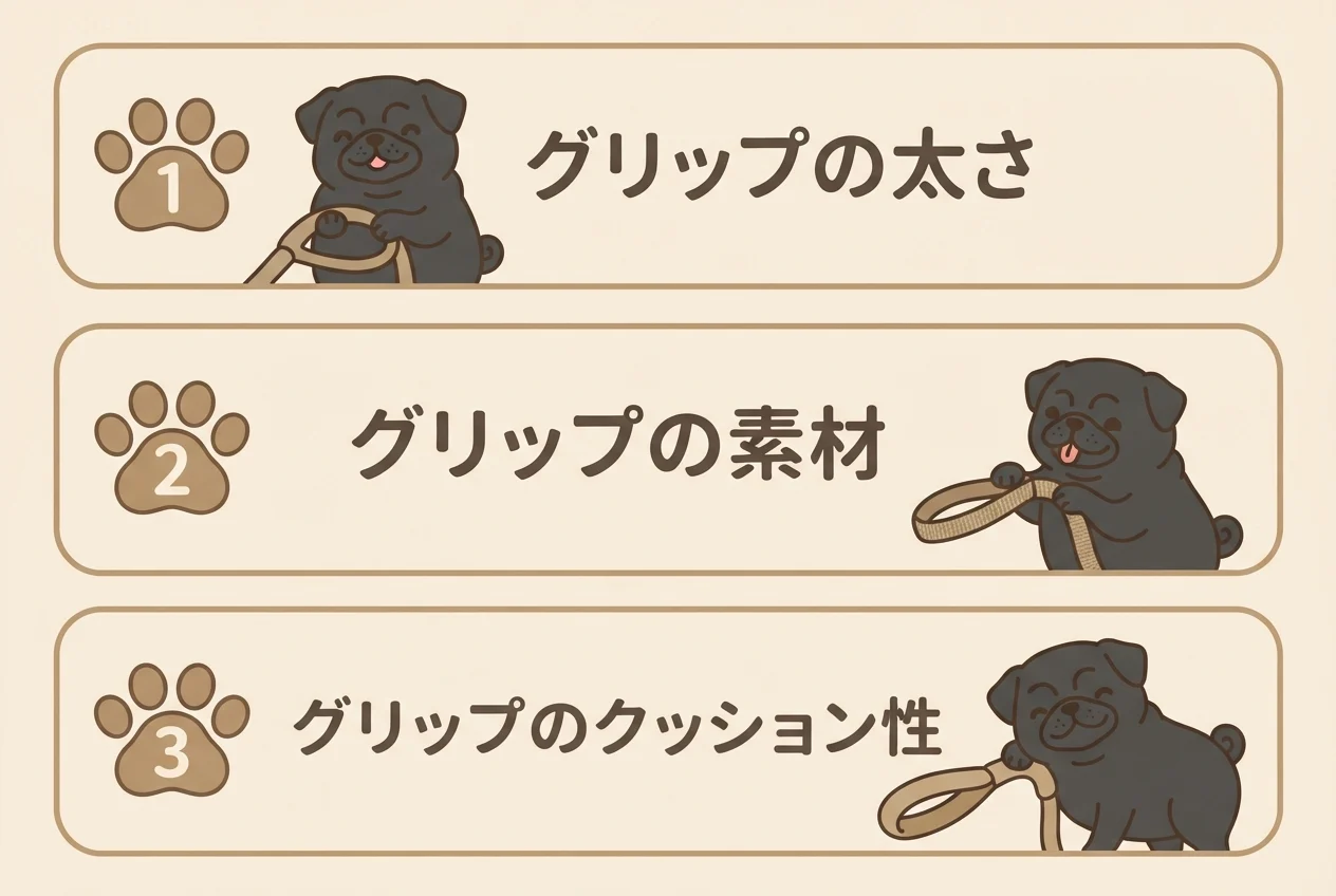 リードの持ち手(グリップ)を選ぶときの3つのポイント(太さ・素材の滑りにくさ・クッション性)を示した図解