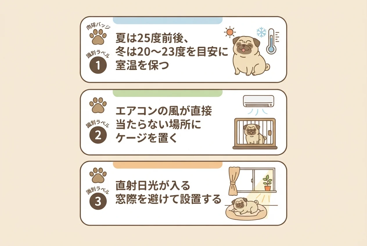初日から意識したい温度管理と環境づくりの3つのポイントを示した図解