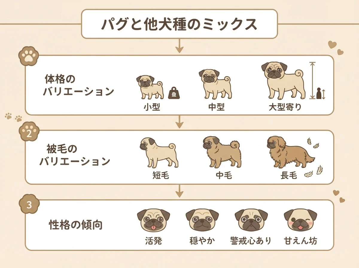 パグミックス犬の体格や性格に個体差が出やすいことを示す図解