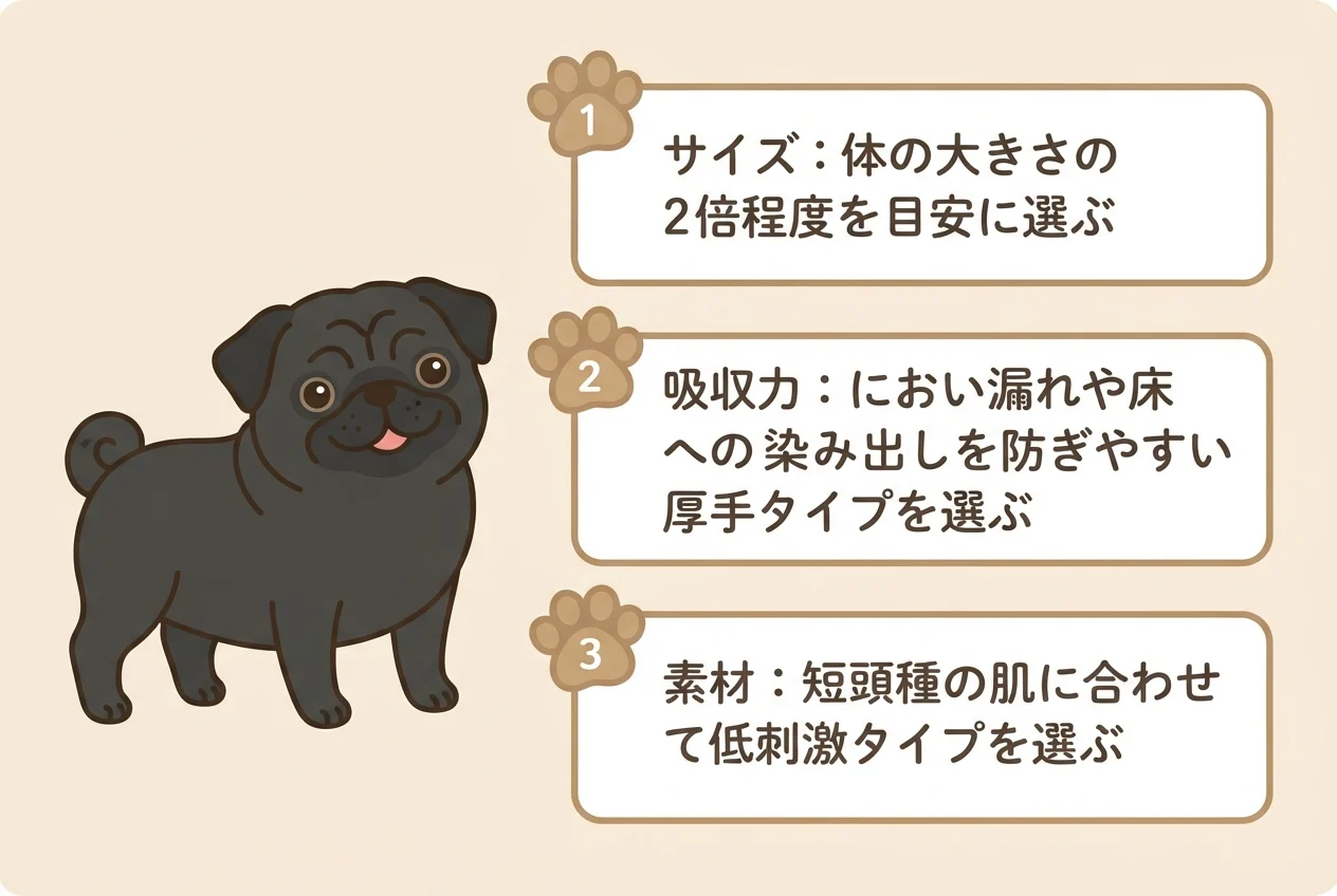 ペットシーツを選ぶときの3つの基準（サイズ・吸収力・素材）を示した図解