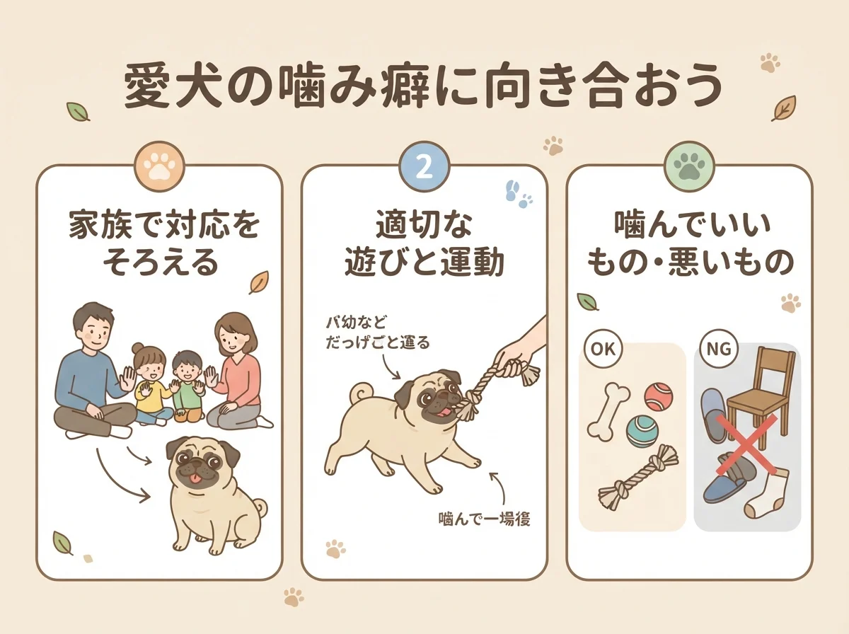 成犬の噛み癖を見直すためのポイントを示す図解