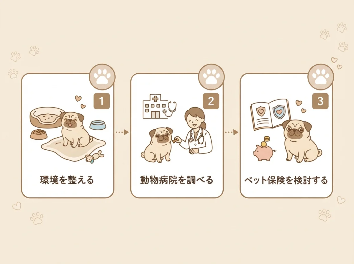 パグを迎える準備3ステップ(環境づくり→動物病院探し→ペット保険検討)を示した図解