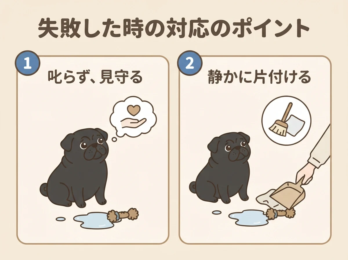 トイレの失敗を叱らずに見守る、正しい対応のポイントを示した図解