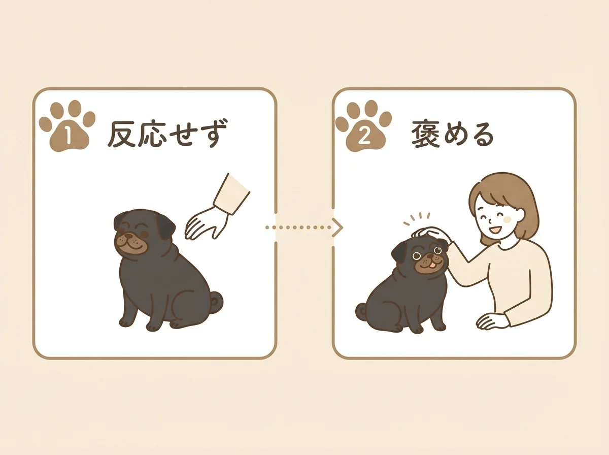 吠えたときの対処法2ステップ(反応せず待つ→静かになったら褒める)を示した図解