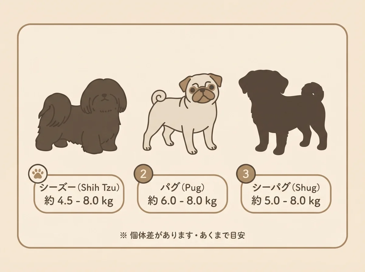 シーズーとパグとそのミックス犬の大きさの目安を並べて比較した図解です。