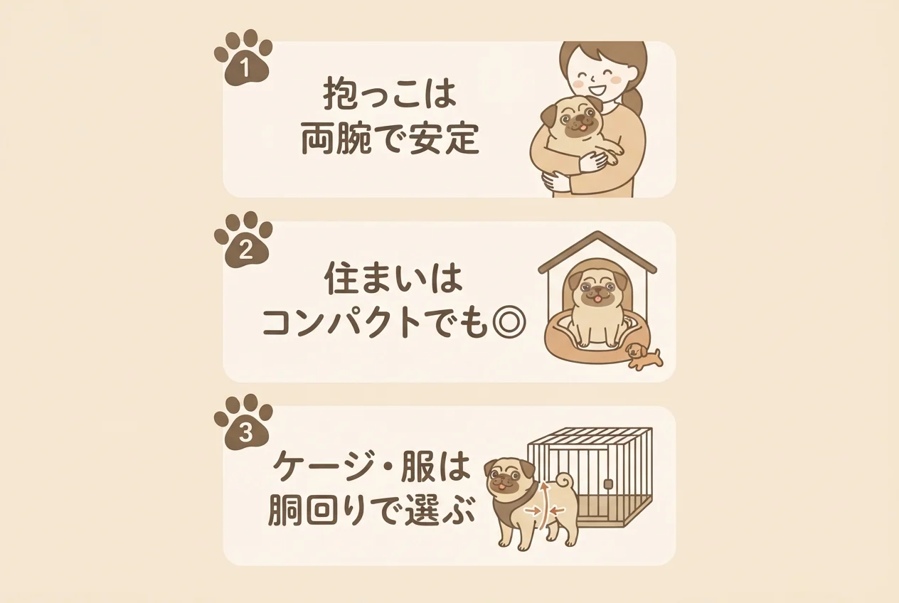 パグのサイズ感と暮らしの関係を、抱っこ・住まい・ケージや服選びの3項目で整理したチェックリストの図解です。