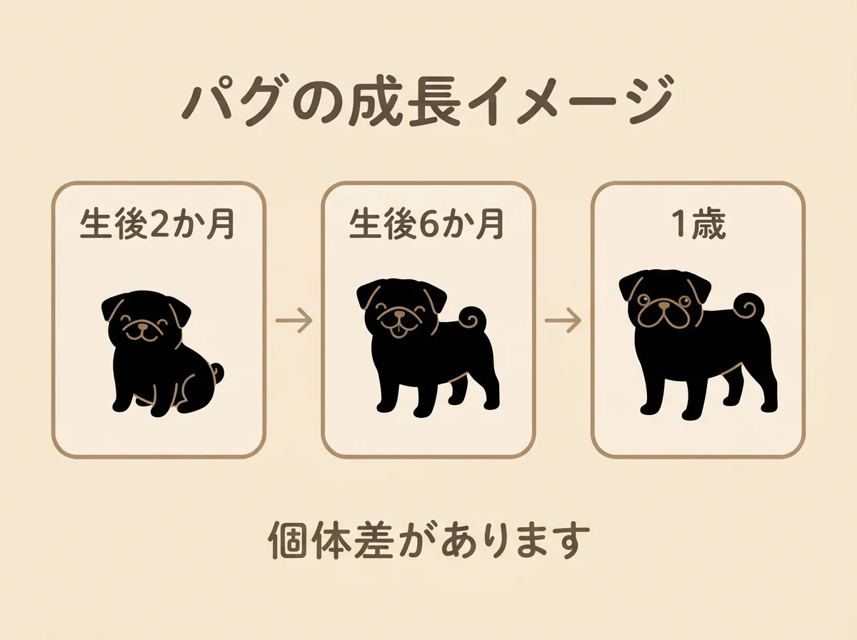 子犬から成犬にかけてパグの体格には個体差が出ることを示した成長イメージ図です。