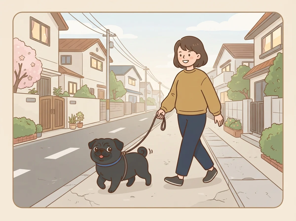 パグののんびりした歩調に合わせて、飼い主がゆっくり並んで散歩している様子です。