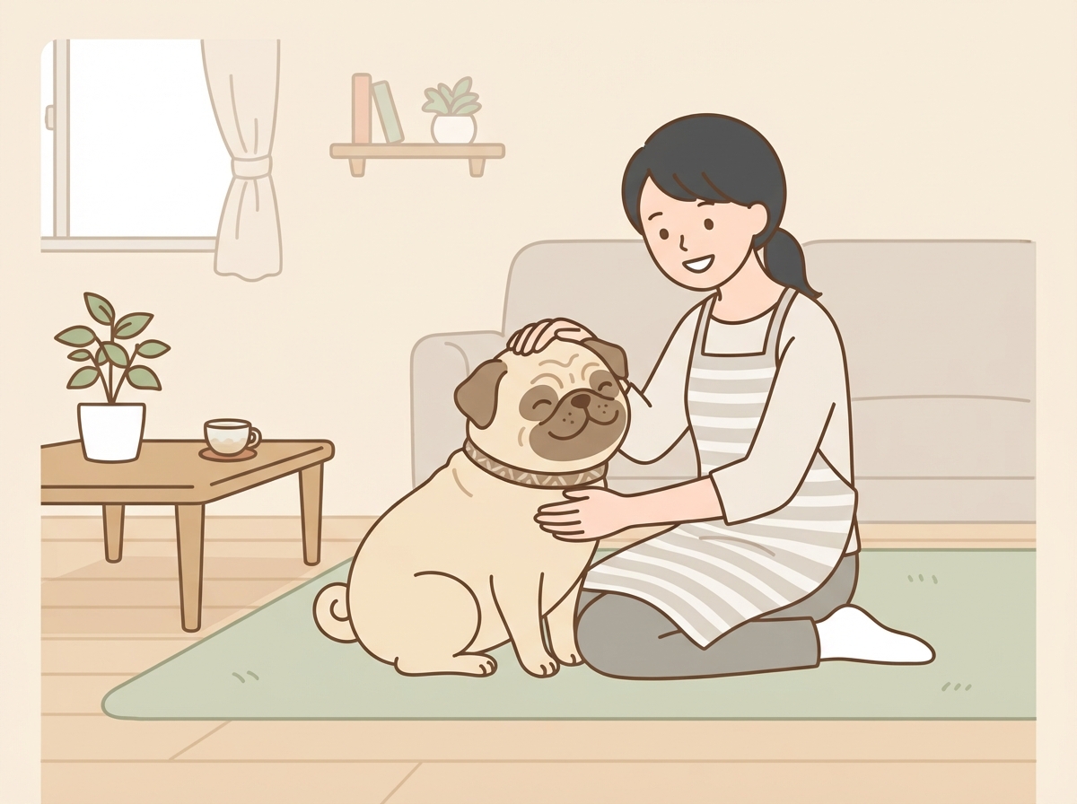 自宅を訪れたペットシッターに寄り添うパグの様子