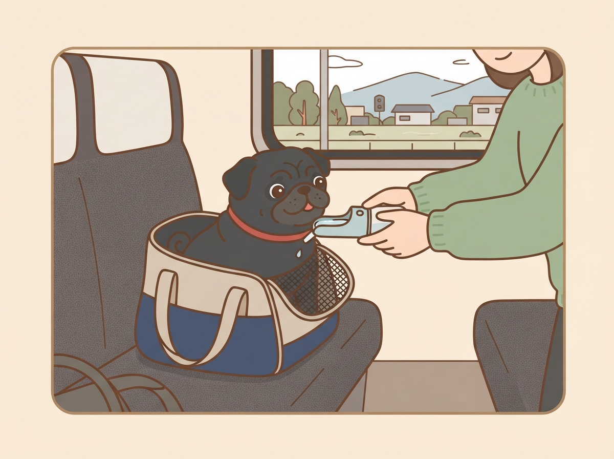 車両の端の座席でキャリーバッグの中のパグに水を与えている様子