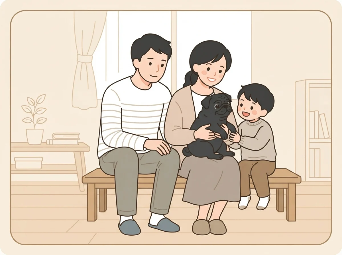 価格だけでなく実際に子犬や飼育環境を見て確かめる大切さを表した、抱っこされているパグの子犬のイラスト