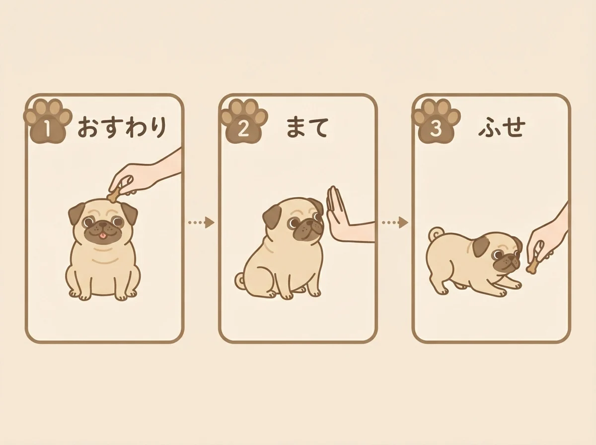 「おすわり」「まて」「ふせ」の教え方3ステップを示した図解