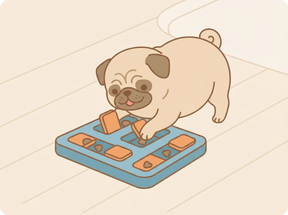 留守番グッズの知育玩具で気分転換をしている様子のパグのイラスト